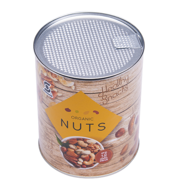 Paper Canister Packaging with sealed safe peelable membrane creates air tight seal that protects food from moisture, light and contaminants.